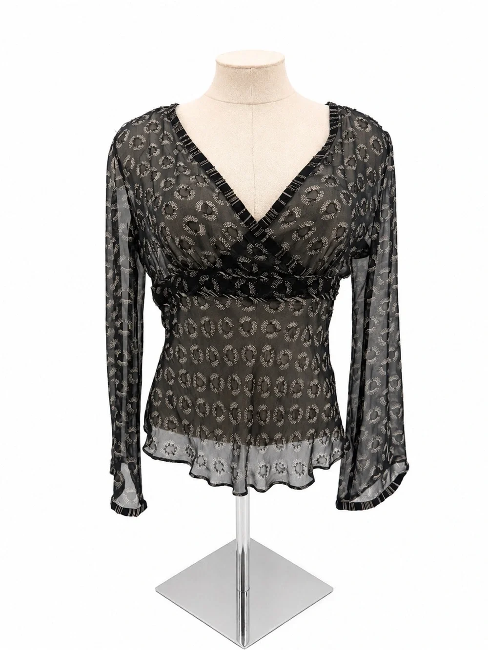 Willi Smith Silk Sheer Blouse Top Black Print Beaded Size Small Y2k